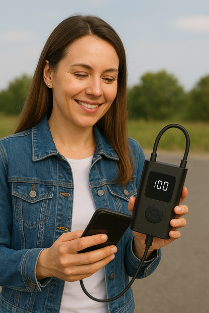 Bomba de Aire Eléctrica Portátil 3 en 1 – Inflador + Power Bank + Linterna