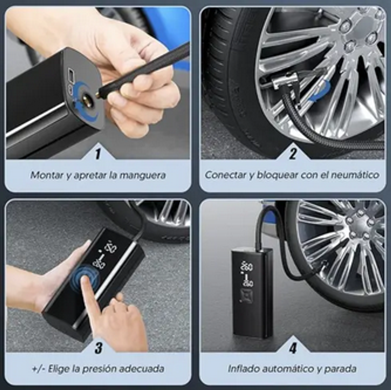 Bomba de Aire Eléctrica Portátil 3 en 1 – Inflador + Power Bank + Linterna